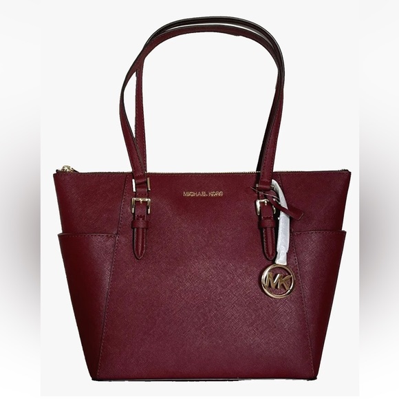 New Michael Kors Charlotte Large Shoulder Tote Saffiano Leather Dark Cherry
